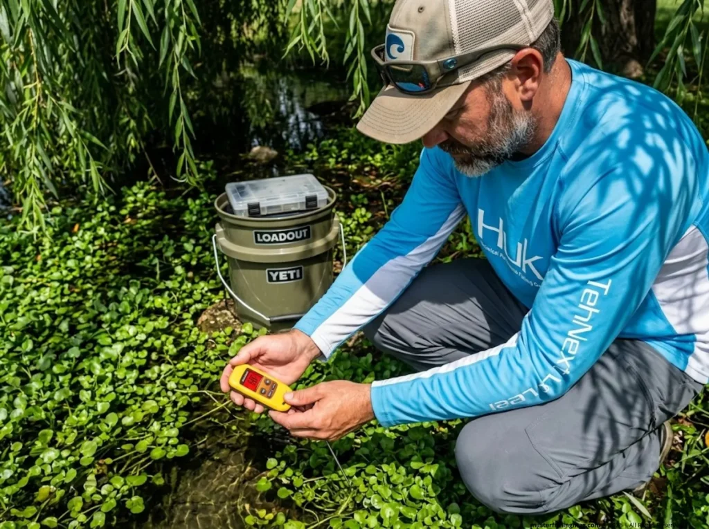 Angler using digital thermometer to find cold water refugia for panfish