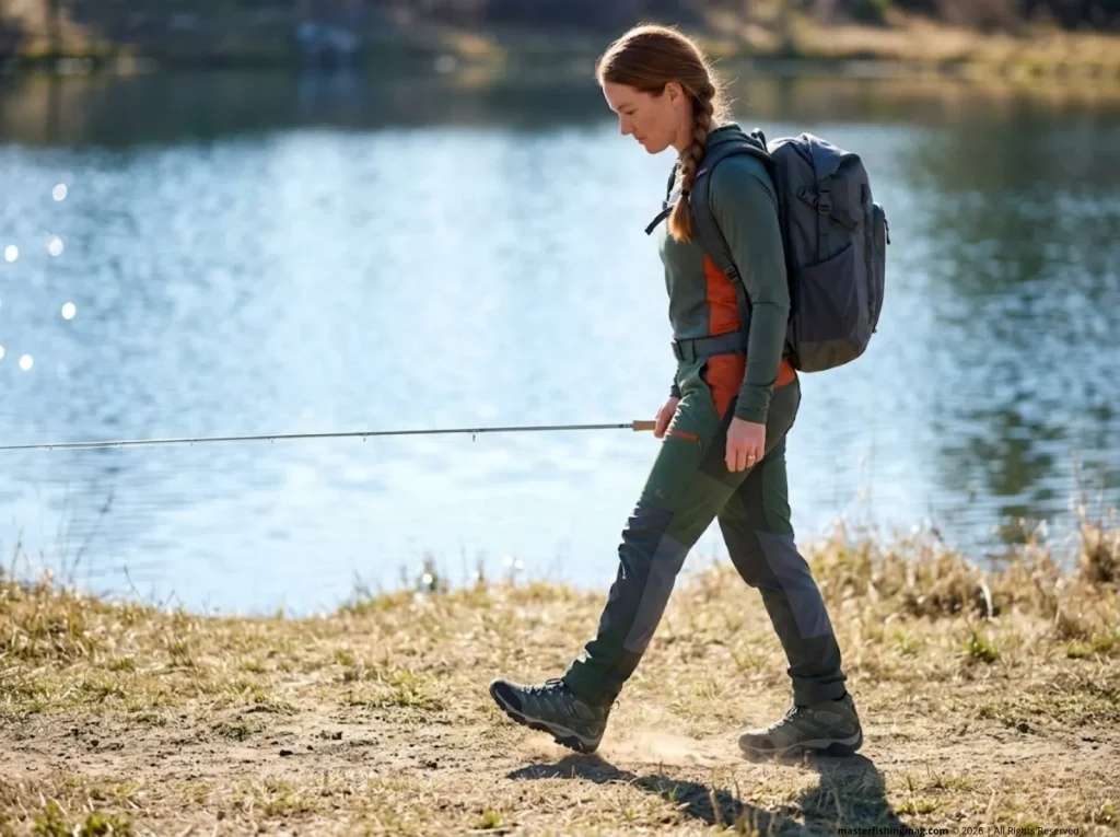 Angler walking softly on bank to prevent acoustic vibrations from spooking panfish