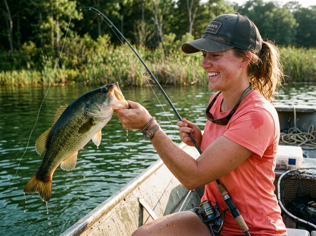 Angler landing a largemouth bass on light line in clear water