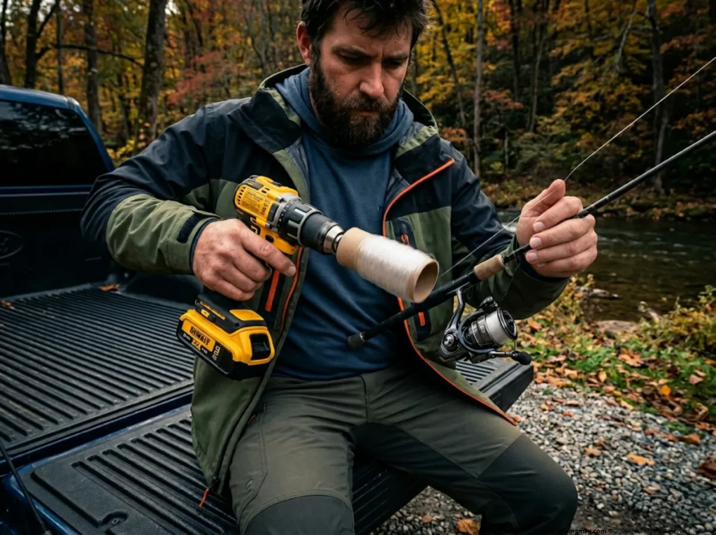 Angler using a power drill to quickly strip old fishing line from a reel