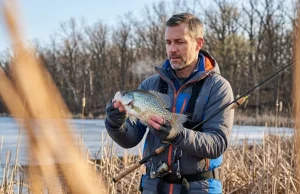 The Pre-Spawn Panfish Window Most Anglers Miss Angler holding large crappie in early spring south-facing bay with slipfloat rod, pre-spawn panfish