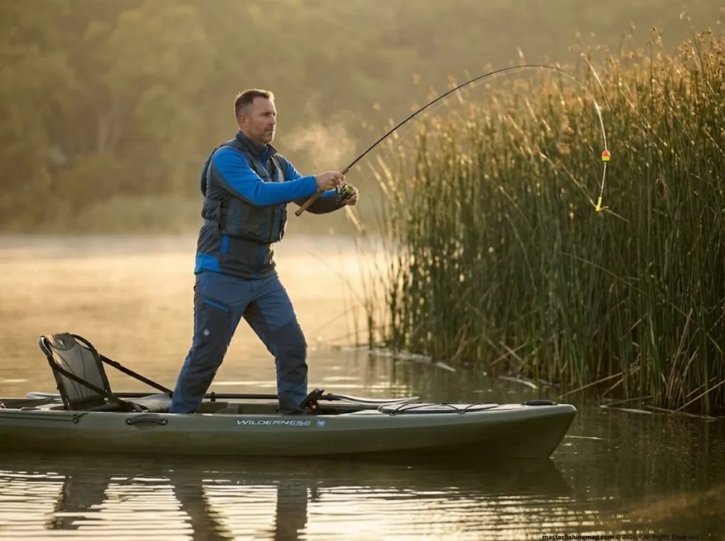 Angler casting to pencil reeds in south-facing bay targeting pre-spawn crappie and panfish in early spring