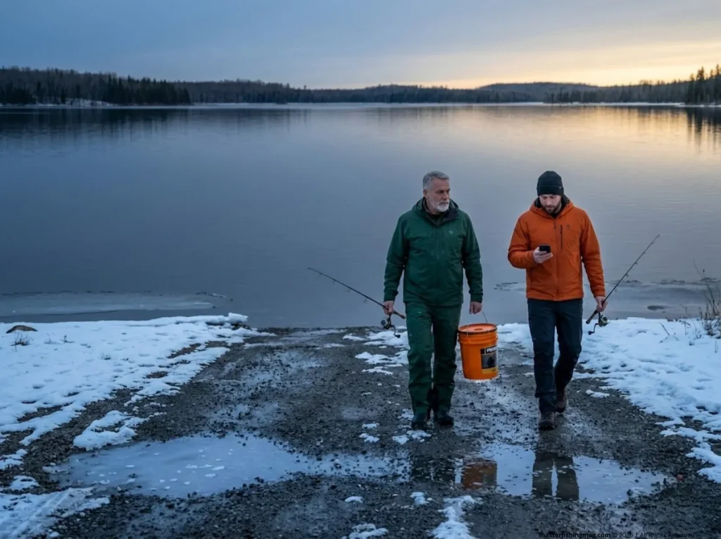 Two anglers at empty boat launch in early spring targeting pre-spawn panfish before bass season opens