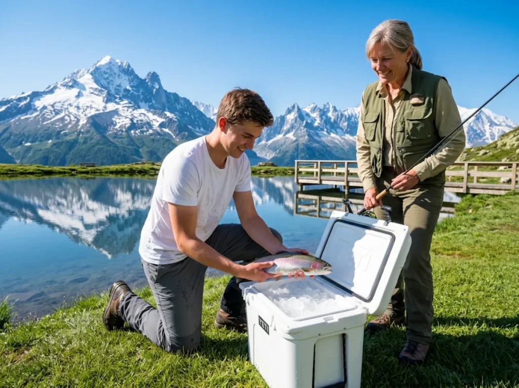 Angler legally harvesting a stocked pan-sized trout at a put-and-take alpine lake management zone