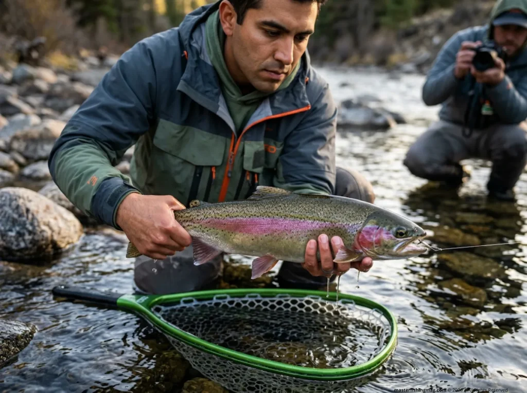 Angler holding rainbow trout just above water with wet hands, water dripping — 10-second air limit