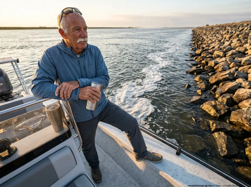 Angler reading tidal currents and hydraulic jumps while fishing the sacramento delta.