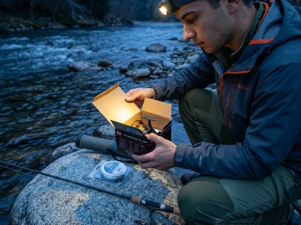 Young angler reading spinning reel spec label under headlamp at riverbank before dawn