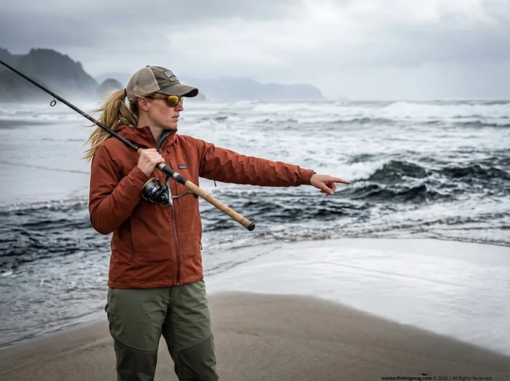 Female angler pointing at a rip current and trough on a beach