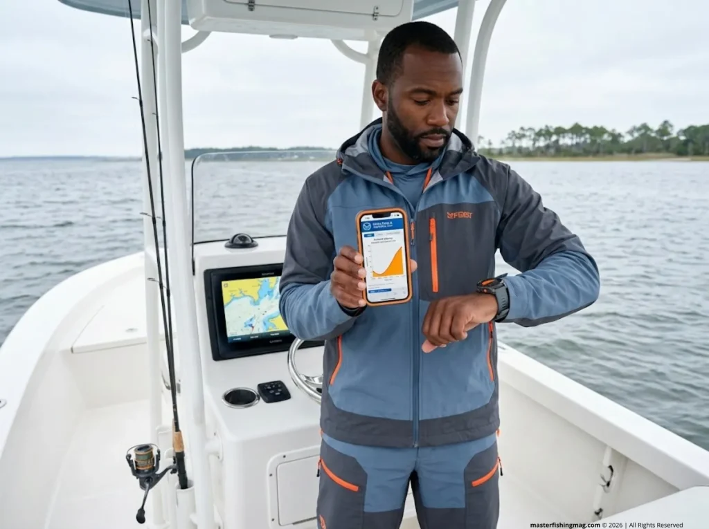 Saltwater angler checking NOAA tidal current velocity app on phone before peak tide fishing window