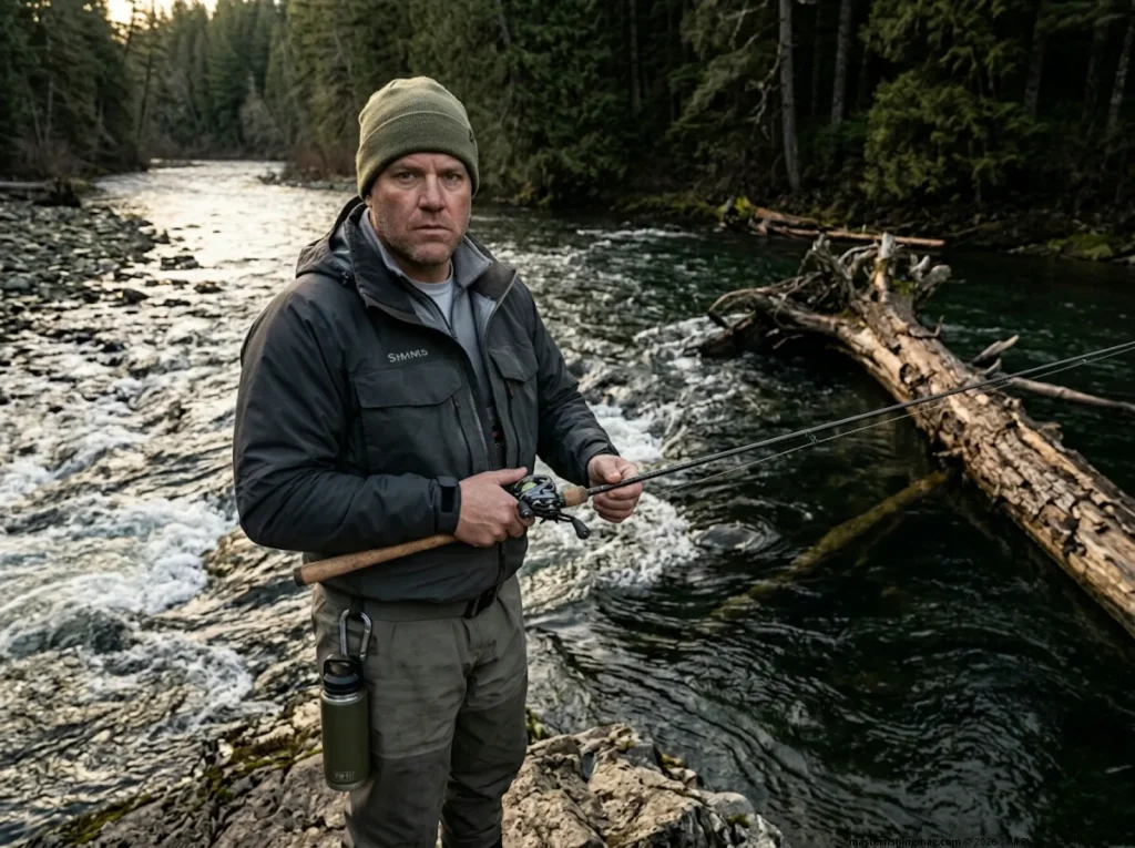 Angler surveying river hydrology and Manning's n flow resistance near a log jam.