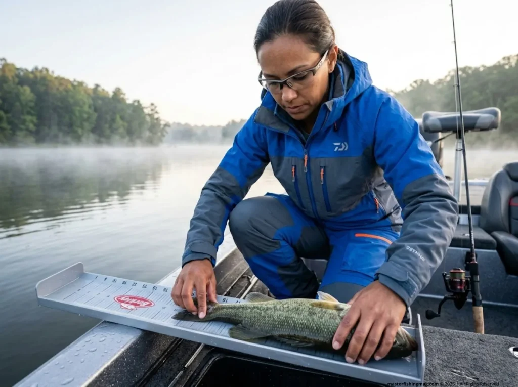 Female angler measuring fish length on a livewell board at a lakeside dock at dawn