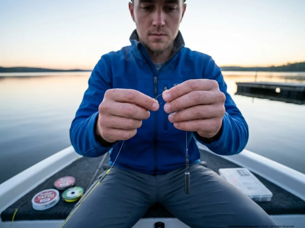 Angler tying a redear sunfish drop shot rig with Aberdeen hook and tungsten weight at pre-dawn on a lake 