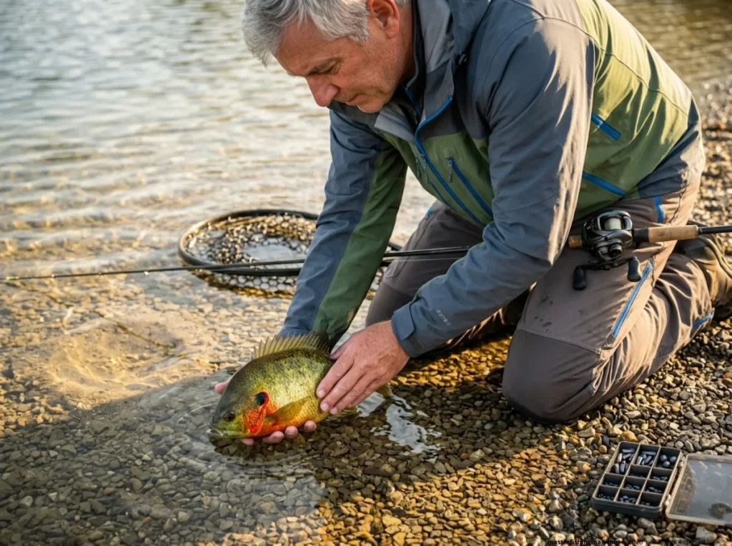 Angler carefully releasing a trophy male redear sunfish into clear spawning shallows to protect colony genetics
