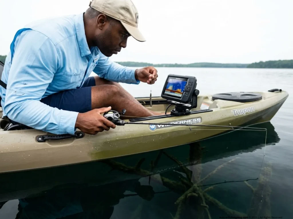 Kayak angler using sonar to locate redear sunfish on deep submerged timber structure on a clear lake 
