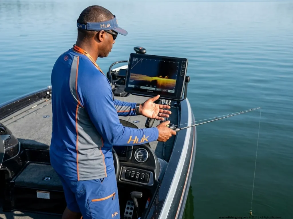 Angler watching Garmin LiveScope screen to locate bottom-hugging redear sunfish on hard-bottom lake point