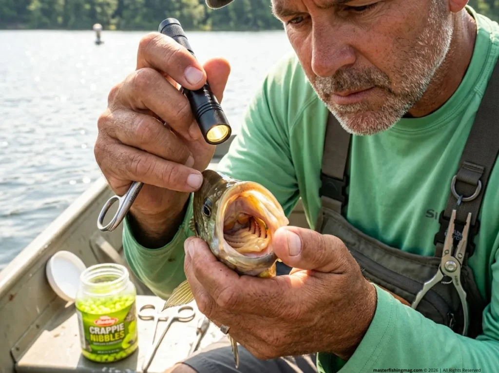 Close-up of angler examining redear sunfish pharyngeal teeth with penlight showing molariform plates 
