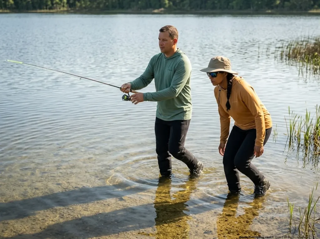 Two anglers wading a shallow lake flat targeting redear sunfish spawning beds in clear spring water 