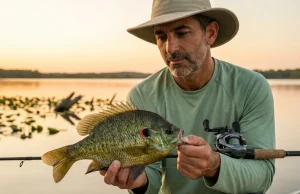 What Most Anglers Miss About Redear Sunfish Angler holding trophy redear sunfish showing the red ear flap margin over a calm freshwater lake