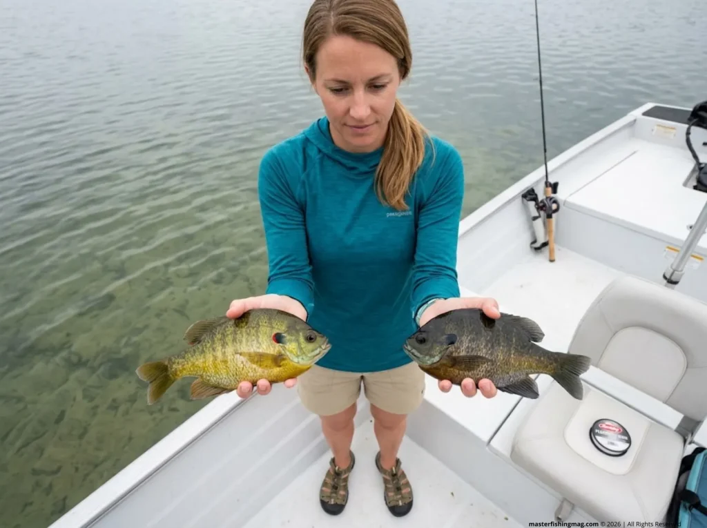 Angler comparing redear sunfish and bluegill side by side showing ear flap color differences