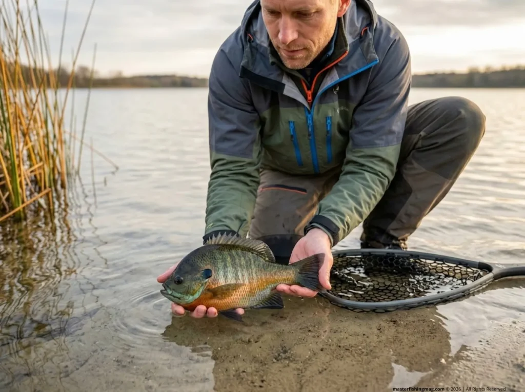 Angler releasing large male bluegill back to spring lake promoting panfish conservation and selective harvest
