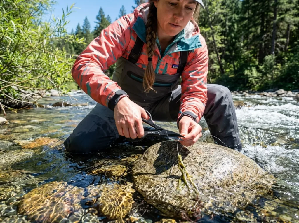 Conversationist cutting discarded ghost fishing line off a river rock