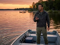 Saw Someone Poaching? What Smart Anglers Do Next Angler in fishing boat holding phone, watching distant dock at dusk — how to report fishing violations