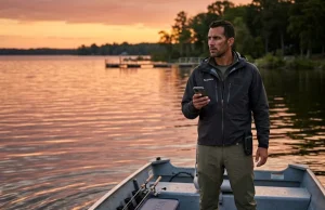 Saw Someone Poaching? What Smart Anglers Do Next Angler in fishing boat holding phone, watching distant dock at dusk — how to report fishing violations
