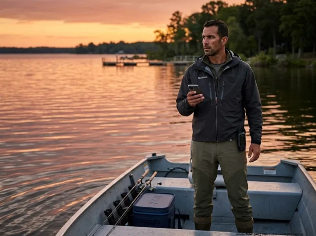 report-fishing-violation-angler-watching Angler in fishing boat holding phone, watching distant dock at dusk — how to report fishing violations