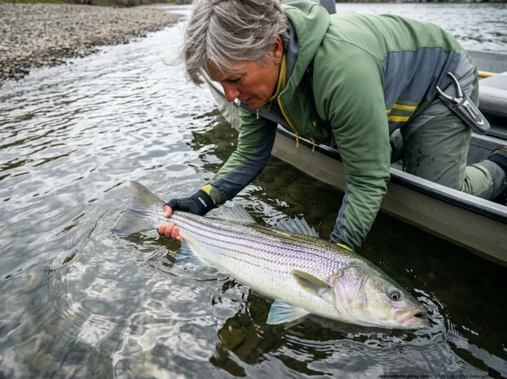 Angler reviving a large post-spawn female striped bass before release in the Sacramento Delta.