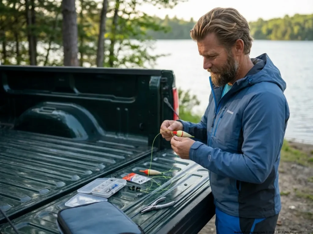 Angler meticulously assembling a slip bobber rig terminal tackle setup on a truck tailgate.