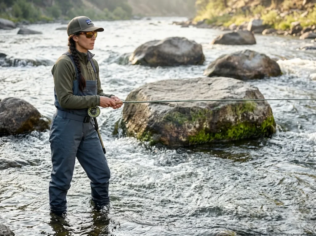 Female fly angler reading river architecture in a boulder-field freestone stream at dawn