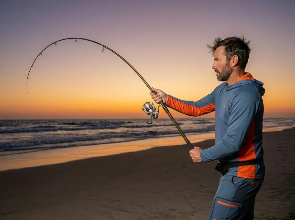 Angler demonstrating maximum rod loading two-handed casting mechanics on sunset surf beach