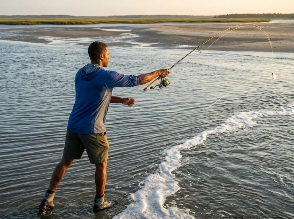 Angler casting G. Loomis rod over peak tidal current during Rule of Twelfths velocity window