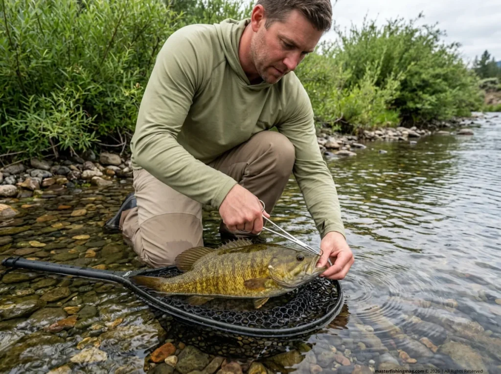Angler safely unhooking a smallmouth bass in a rubber net following quick release protocols.