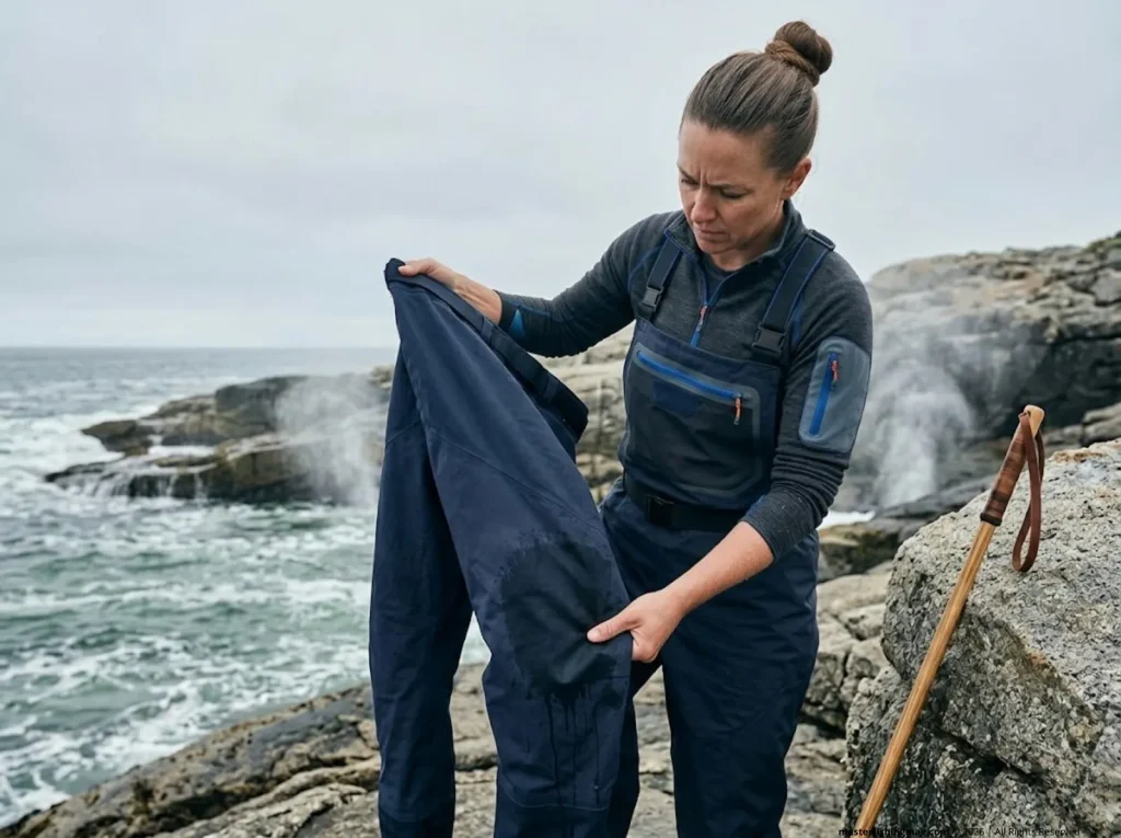 Angler examining salt-damaged wetting out patches on Patagonia waders at coastal rocky shoreline