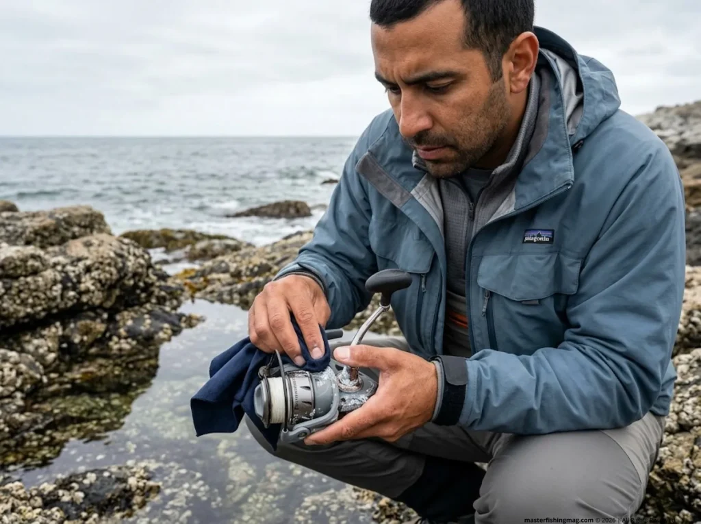 Angler examining white salt corrosion on Penn spinning reel screws at saltwater shoreline