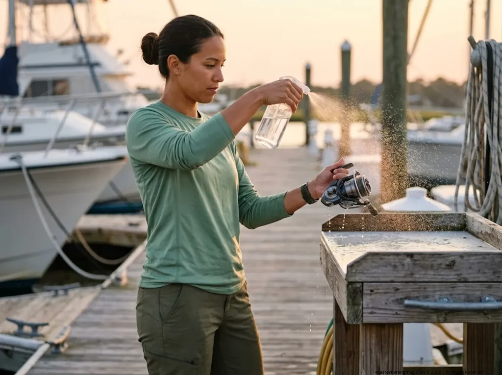 Female angler rinsing Daiwa spinning reel with warm water mist spray on saltwater marina dock