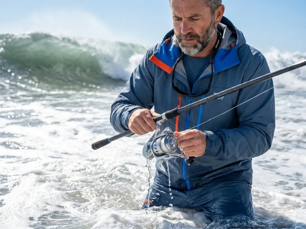Angler inspecting waterproof surf reel after a wave splash 