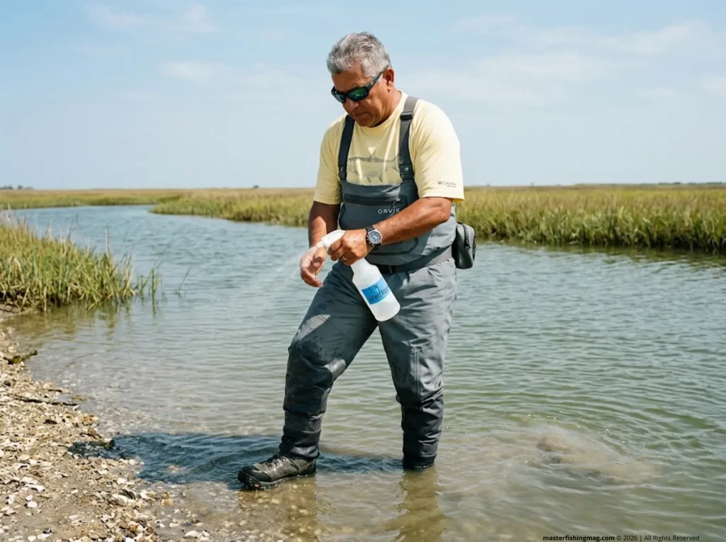Angler rinsing Orvis Pro waders with vinegar solution at tidal estuary after saltwater fishing