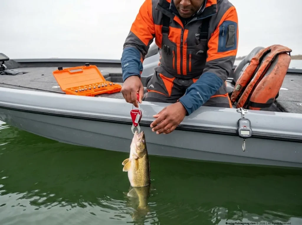 Angler releasing saugeye with SeaQualizer descending device for barotrauma relief in deep reservoir