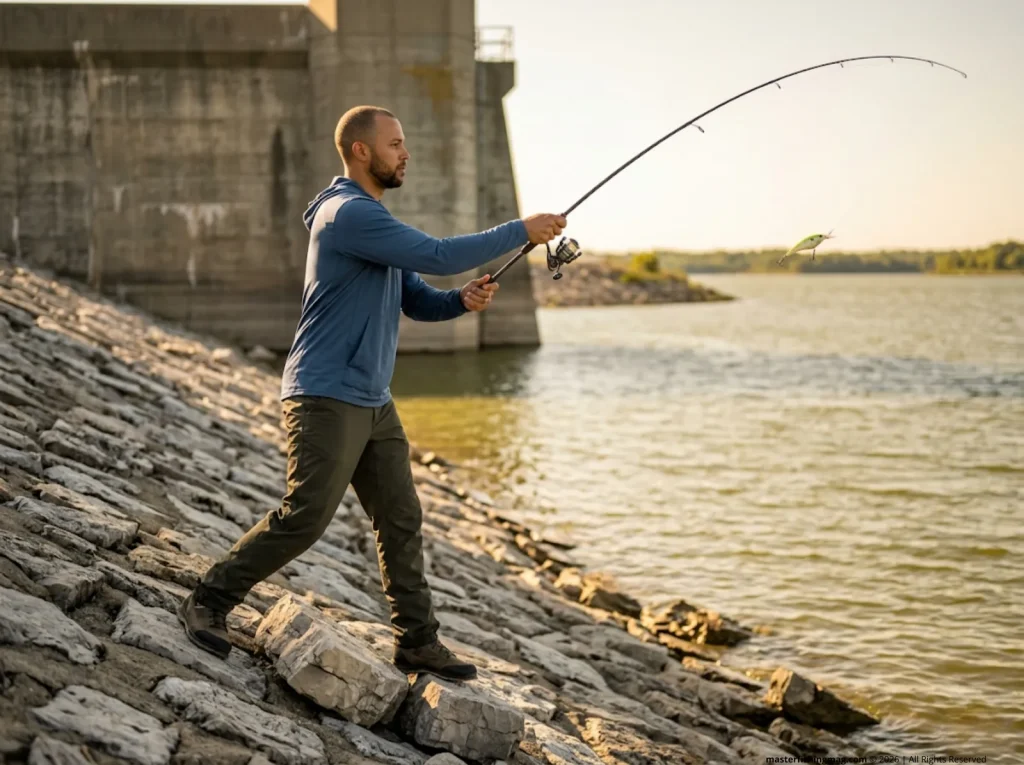 Angler casting Berkley Flicker Shad from riprap dam face for saugeye at dusk