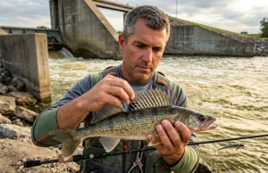 Is That a Saugeye or Walleye? The Dorsal Test Decides Angler examining saugeye dorsal fin for identification at Ohio reservoir spillway