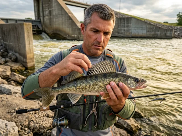 saugeye-hybrid-identification-dorsal-test-hero Angler examining saugeye dorsal fin for identification at Ohio reservoir spillway