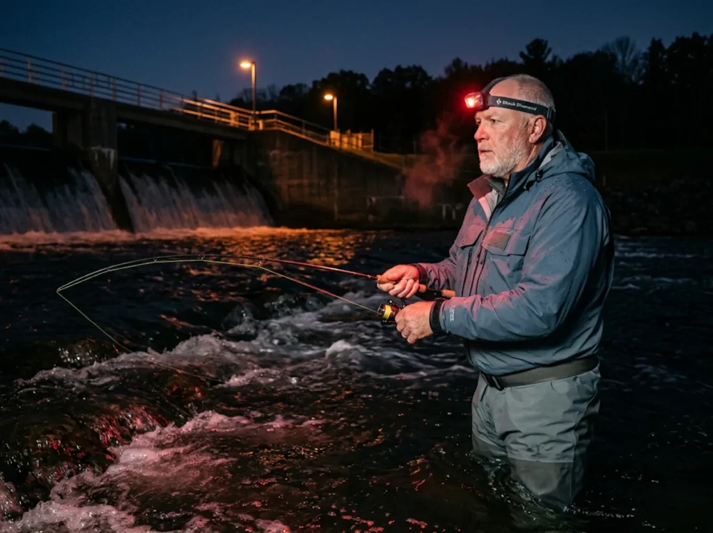 Night angler wearing red-mode headlamp wading tailwater spillway for saugeye at dusk