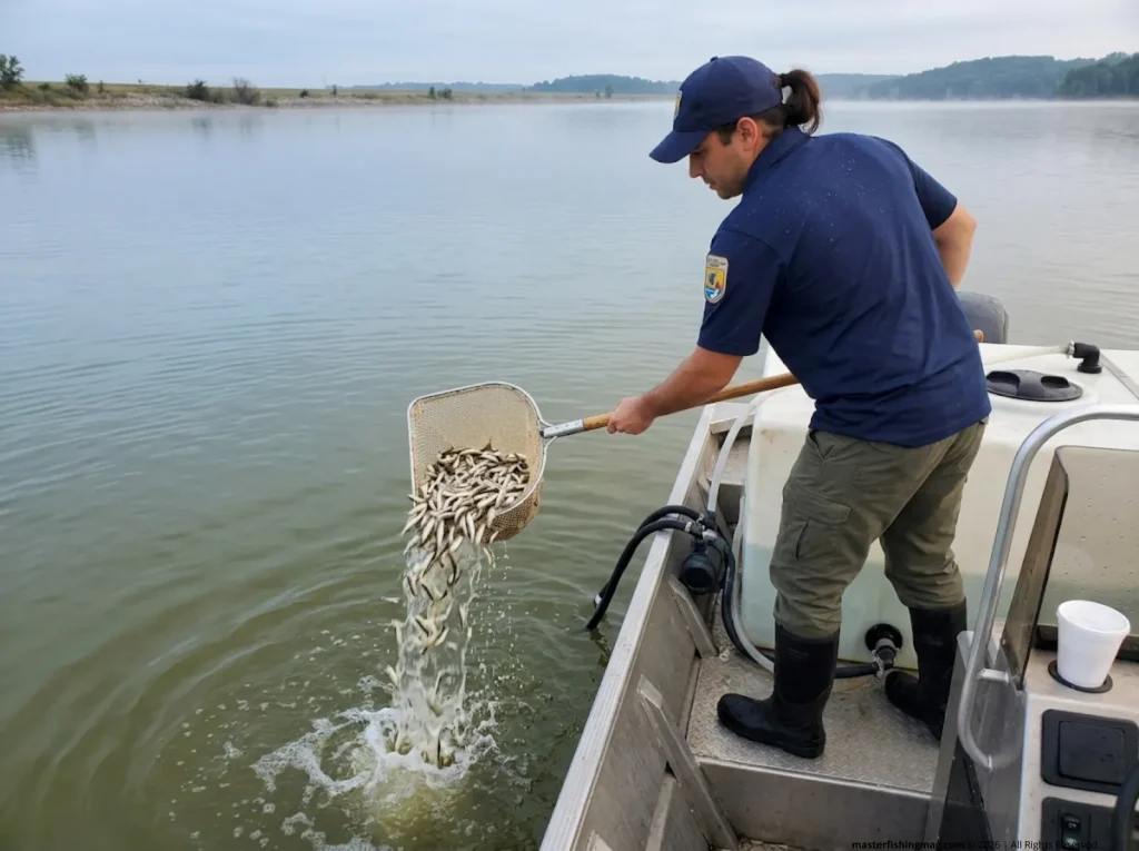 Fisheries technician releasing saugeye fingerlings into Ohio reservoir during annual stocking run