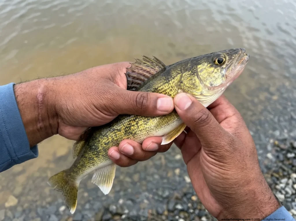 Close-up of angler performing cheek scale roughness test on saugeye for species identification
