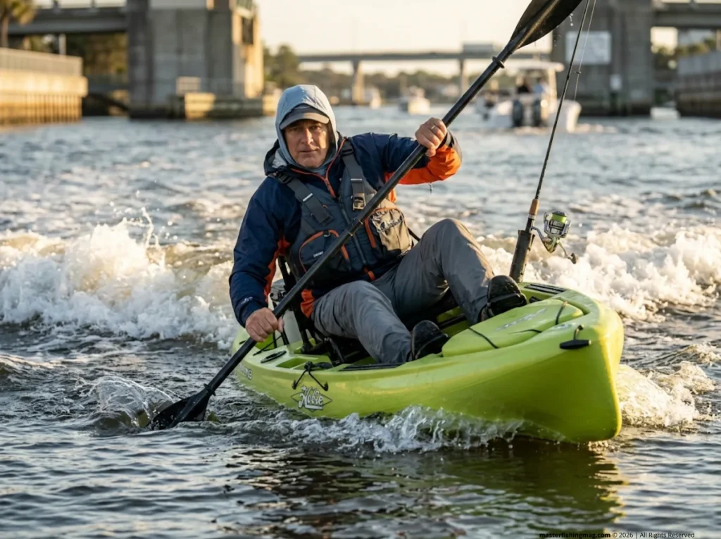 Kayak angler surviving wake via secondary stability