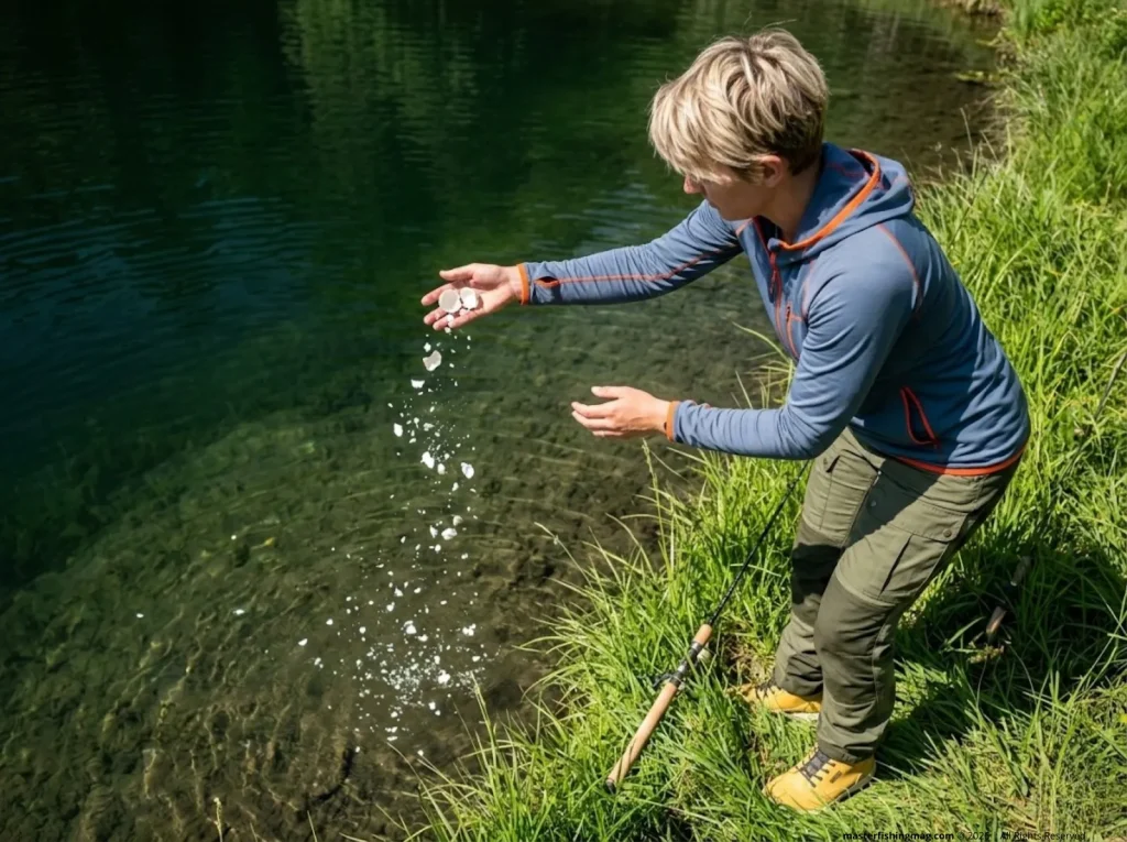Angler tossing crushed eggshells into pond to simulate fish scale flash and trigger bites