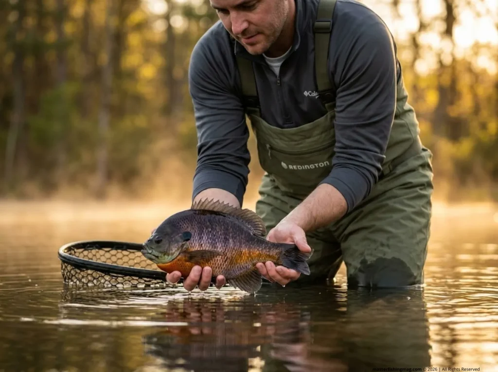 Angler carefully releasing a large bull bluegill into the pond using wet hands