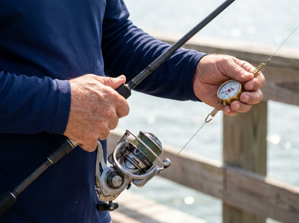 Setting spinning reel drag with a spring scale to a fifth of line rating